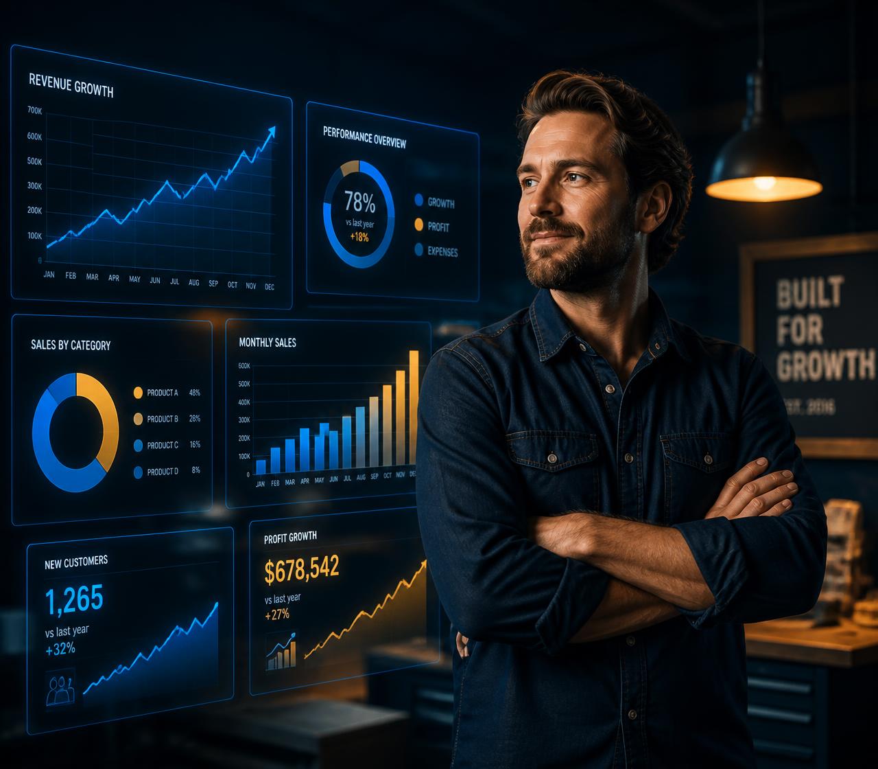 Small business owner reviewing advertising performance dashboards